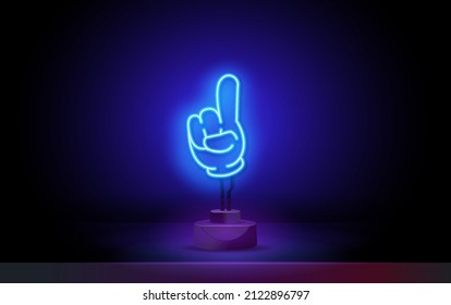 Iconos de Gesto de mano de neón. Elevado un dedo hacia arriba indica la dirección ascendente. Logo o emblema de dirección con luz de neón brillante.