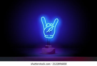 Iconos de Gesto de mano de neón. Rock y Roll y Heavy Metal, señal de la línea del Cuerno. Logo o emblema de dirección con luz de neón brillante.