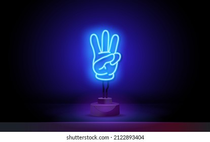 Neon Hand Gesture icons. Three thumbs up, shows the number 3. Direction logo or emblem with bright neon light.