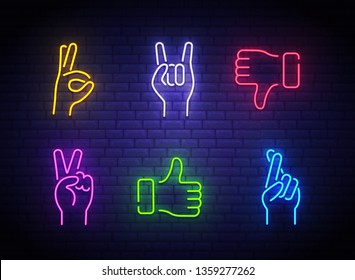 La mano Neon muestra iconos. Un conjunto de gestos. Señal luminosa Neon. logo, emblema, pancarta ligera. Ilustración del vector