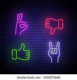 Neon hand gestures icons. A set of gestures. Neon bright signboard. logo, emblem, light banner. Vector illustration