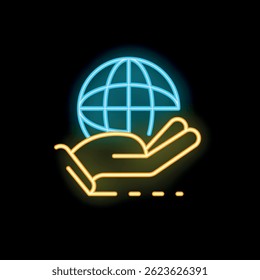 Neon hand holding planet earth globe icon on black background representing global business and worldwide partnership