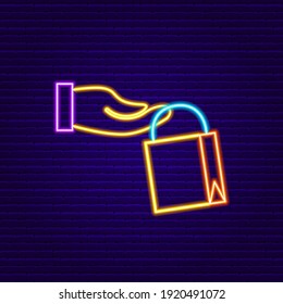 Neon Hand Holding Shopping Bag. Vetor Illustration of Shop Sale.