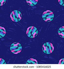 Neon Hand Painted Round Shapes Print with Brush Strokes on Dark Blue Grunge Background