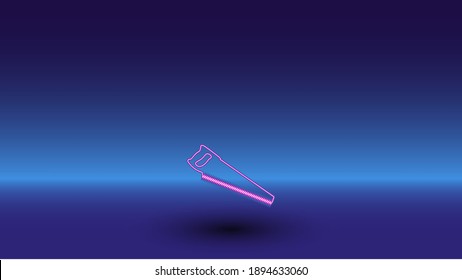 Neon hand saw symbol on a gradient blue background. The isolated symbol is located in the bottom center. Gradient blue with light blue skyline