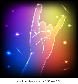 Neon hand show the sign of rock, mesh vector illustration eps10