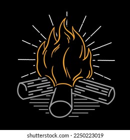 Neon Hand-drawn Woodcut Campfire Illustration