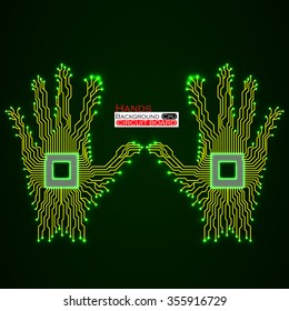Neon hands. Cpu. Circuit board. Vector illustration. Eps 10