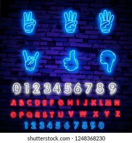 Neon hands with gloves icon set isolated. Vector clipart - parts of body, arms in gloves. Hand gesture collection. Night bright advertisement. Vector illustration in neon style for agreement or