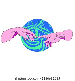 Neon Hands going to touch together against the backdrop of space. Look like the Michelangelo's art. Cyberpunk and vaporwave style. Vector template of cover, event flyer, club party invitation