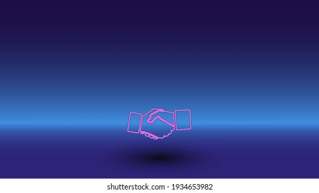 Neon handshake symbol on a gradient blue background. The isolated symbol is located in the bottom center. Gradient blue with light blue skyline