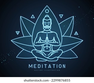 Neon handsome man meditation in lotus position with four elements ans Ether. Lotus flower sign. Vector illustration
