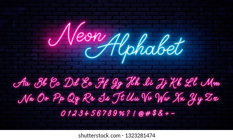 Neon handwritten English letters, numbers and symbols set. Vector glowing alphabet with numbers and symbols. Bright neon font.