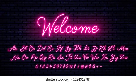 Neon handwritten English letters, numbers and symbols set. Vector red glowing alphabet with numbers and symbols.