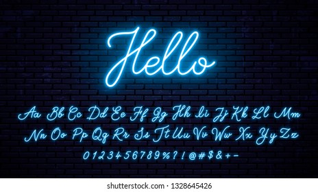 Neon Handwritten English Letters, Numbers And Symbols Set. Vector Blue Glowing Alphabet With Numbers And Symbols. Lettering Style Font.