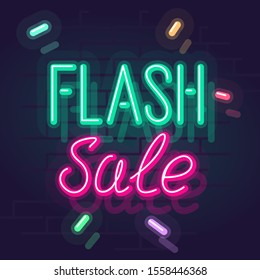 Neon handwritten flash sale sign with sparks. Square line art style neon illustration on brick wall background.