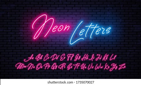 Neon handwritten letters. Glowing red font, isolated on wall background. Modern vector neon letters set.