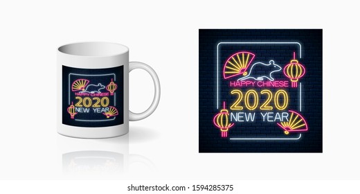 Neon happy Chinese New 2020 Year of white rat sign print for cup design. Chinese New 2020 Year design, banner in neon style on dark brick wall background and mug mockup. Vector shiny design element