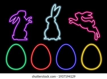 Neon happy Easter bunnies and eggs in different colors on black background. New variation of decorative elements for holiday design. Isolated vector image.