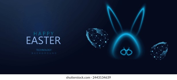 Neon Happy Easter Eggs And Bunny Vector Background. Technology Holiday Illustration.	
