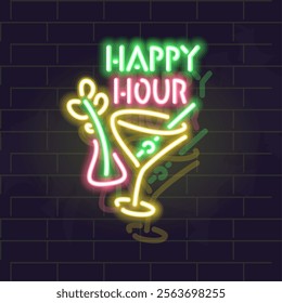 Neon happy hour. Isolated illustration on brick wall background.