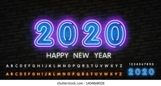 Neon Happy New Year 2020. Technology Abstract With Glowing Neon Light On Earth Technology Digital Business Using As Background And Wallpaper.