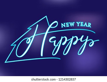 Neon Happy New Year Hand Drawn Lettering. Vector Illustration Quote. Handwritten Inscription Phrase for  Web, Poster, Design, Sale, Banner, Invitation.