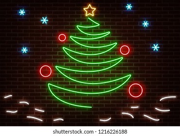 Neon Happy New Year light. Party sign light vector isolated on dark red brick wall. Christmas tree, ball, snow and star light decoration. Entrance party sign. Vector illustration.