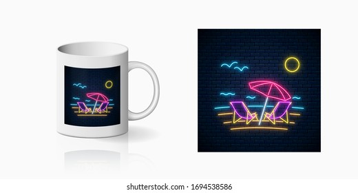 Neon happy summer print with chaise lounges, beach umbrella, ocean and gulls for cup design. Shiny summertime symbol, design, banner in neon style on mug mockup. Vector illustration