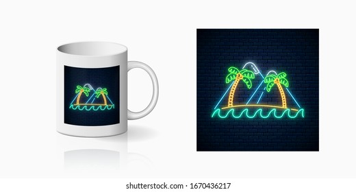 Neon happy summer print with two palms, island, mountains and ocean for cup design. Shiny summertime symbol, design, banner in neon style on mug mockup. Vector shiny design element