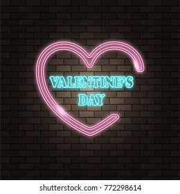 Neon happy Valentine's Day banner. Valentine neon lamp romance heart shape. Colored vector light glow poster. Nightclub bulb dark brick wall label neon card design. Holiday greeting. Love background.