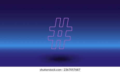 Neon hash symbol on a gradient blue background. The isolated symbol is located in the bottom center. Gradient blue with light blue skyline