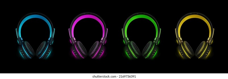 Neon headphones for listen music, dj audio headset isolated on white background. Vector realistic set of 3d colour glow stereo earphones, accessory with sound speakers in front view