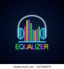 Neon headphones symbol with band equalizer with different colors. Music and singing visualization icon with earphones in neon style. Vector illustration. Music store banner with soundwave