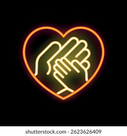 Neon heart with adult and child hands holding inside, symbolizing family, love, and care on a black background
