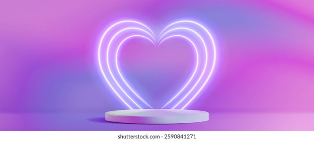 Neon heart arch shape on ultraviolet hologram background. 3d vector illuminated love symbol behind round stage podium. romantic Valentine day decoration or wedding event design with iridescent stage.