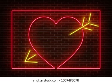 Neon heart with arrow sign vector isolated on brick wall. Light heart frame, shop decoration element. Neon love symbol.