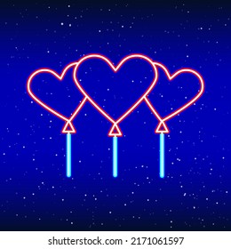 Neon heart balloons. Backlit planet neon sign. Retro red neon heart sign. Romantic design for Happy Valentine's Day. Night light advertisement. Vector industry.