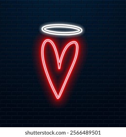 Neon heart. Bright night neon signage on brick wall background with backlight. Retro red neon heart sign. Romantic design for Happy Valentines Day. Night advertising. Vector illustration..