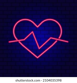 Neon heart. Bright night neon signboard on brick wall background with backlight.
