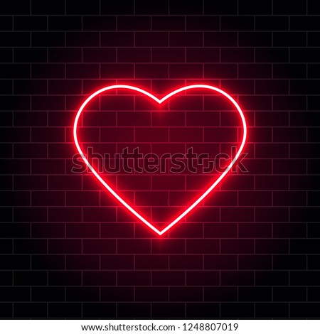 Neon heart. Bright night neon signboard on brick wall background with backlight. Retro red neon heart sign. Romantic design for Happy Valentines Day. Night light advertising. Vector illustration.