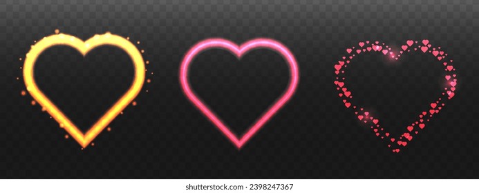 Neon heart frame with flashes. Set Vector element for design.