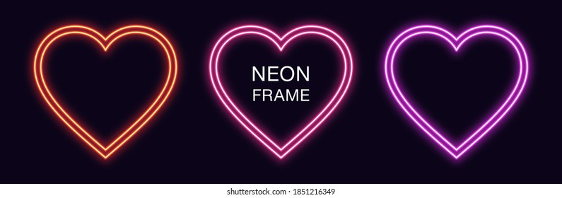 Neon heart Frame. Set of romantic neon Border with double outline. Heart shape with copy space, graphic element for Valentine day and social media stories. Red, pink, purple color. Fully Vector