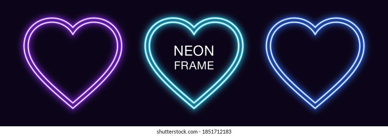 Neon heart Frame. Set of romantic neon Border with double outline. Heart shape with copy space, graphic element for Valentine day and social media stories. Violet, blue, azure color. Fully Vector