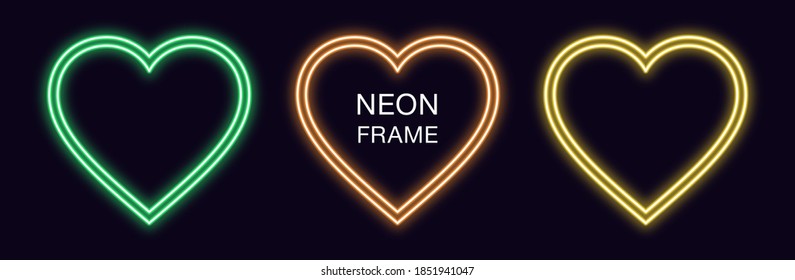 Neon heart Frame. Set of romantic neon Border with double outline. Heart shape with copy space, graphic element for Valentine day and social media stories. Green, orange, yellow color. Fully Vector