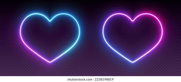 Neon heart frames, gradient glowing borders set, vibrant geometric shapes, modern signs collection. Colorful futuristic Valentines Day design elements. Vector illustration.