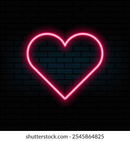 Neon heart with a glow on the background of a dark brick wall. Neon sign..