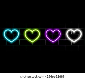 Neon heart with a glow on the background of a dark brick wall. Neon sign pink and blue..