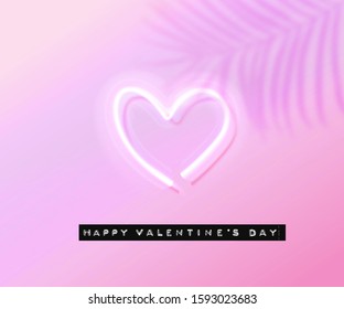 Neon heart glowing on pink gradient background. Happy valentine's day embossed type black label. Trendy greeting card design.