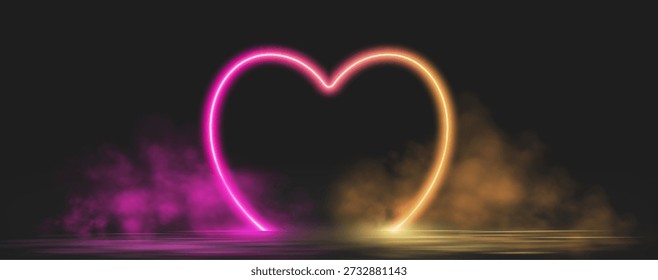 Corazón de neón con efectos luminosos de color rosa y naranja brillante, puerta de entrada futurista, humo vibrante e iluminación led. composición de marco de Vector abstracto.